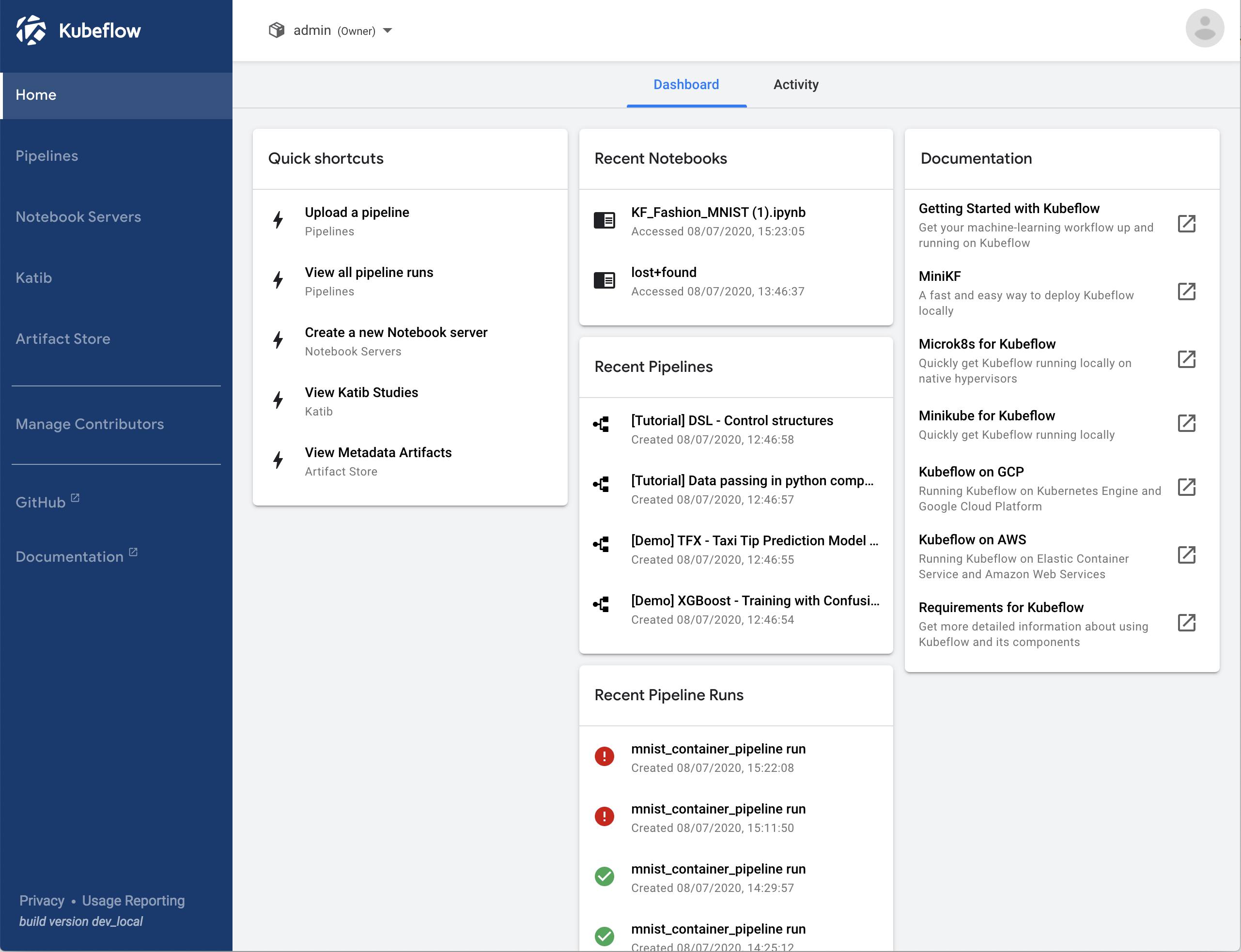 Kubeflows dashboard