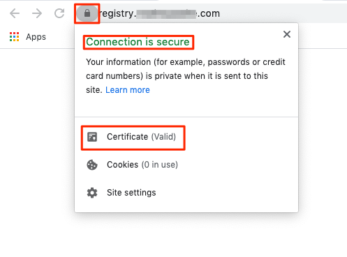 Verify that your Docker registrys site loads your TLS certificate