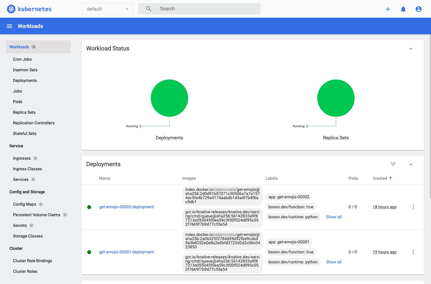 The default Kubernetes Dashboard showing workload status and deployments.