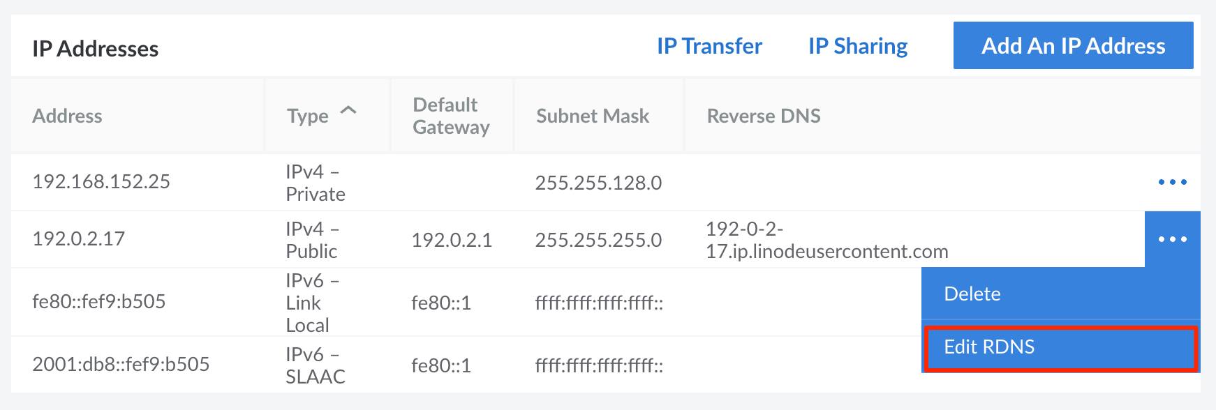 Select Edit RDNS option from the IP address menu.