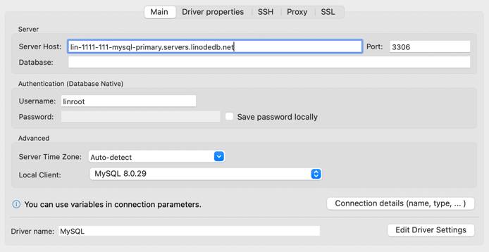 Screenshot of DBeavers MySQL connection settings.