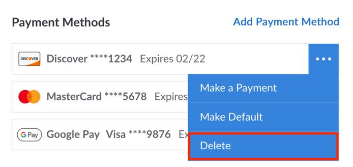 The Delete button within a payment methods dropdown menu