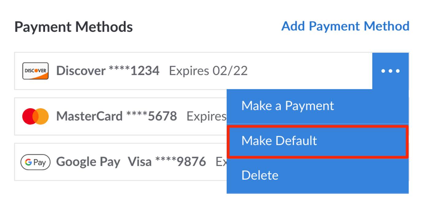 The Make Default button within a payment methods dropdown menu