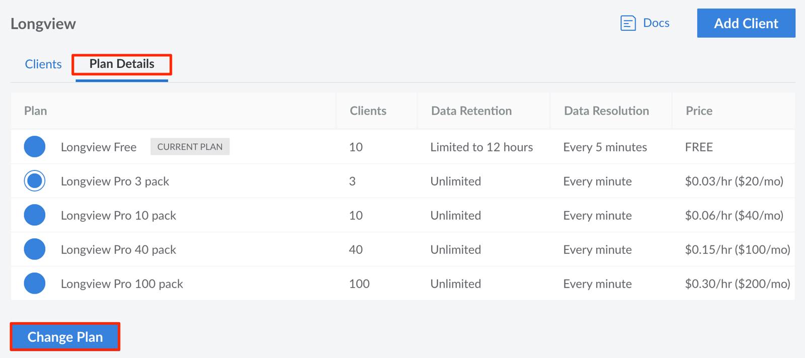 Screenshot of the Longview Plan Details screen in Cloud Manager